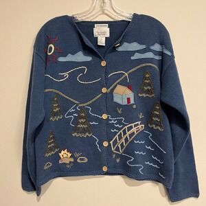 VTG Christopher & Banks Cardigan Sweater Cabin Outdoor Embroidery Blue Small